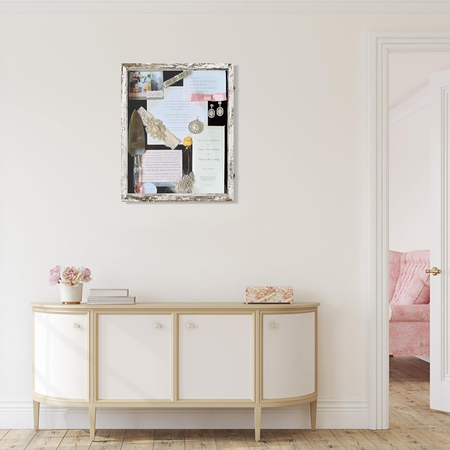 Large Shadow Box Frame 16x20 Display Case, White Wedding Bouquet Memory Box | Hinged Front Open Door with Plexiglass
