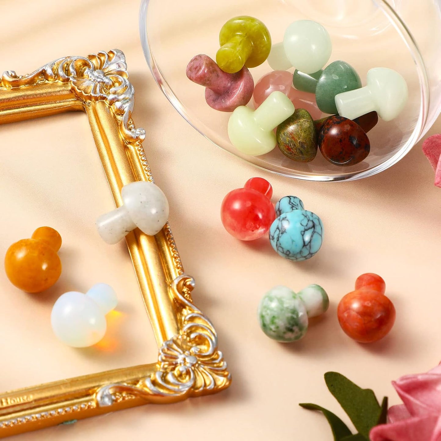 Mini Mushroom Gemstone Sculpture Decor Carved Witch Mushroom Polished / Fresh Color / Set of 48