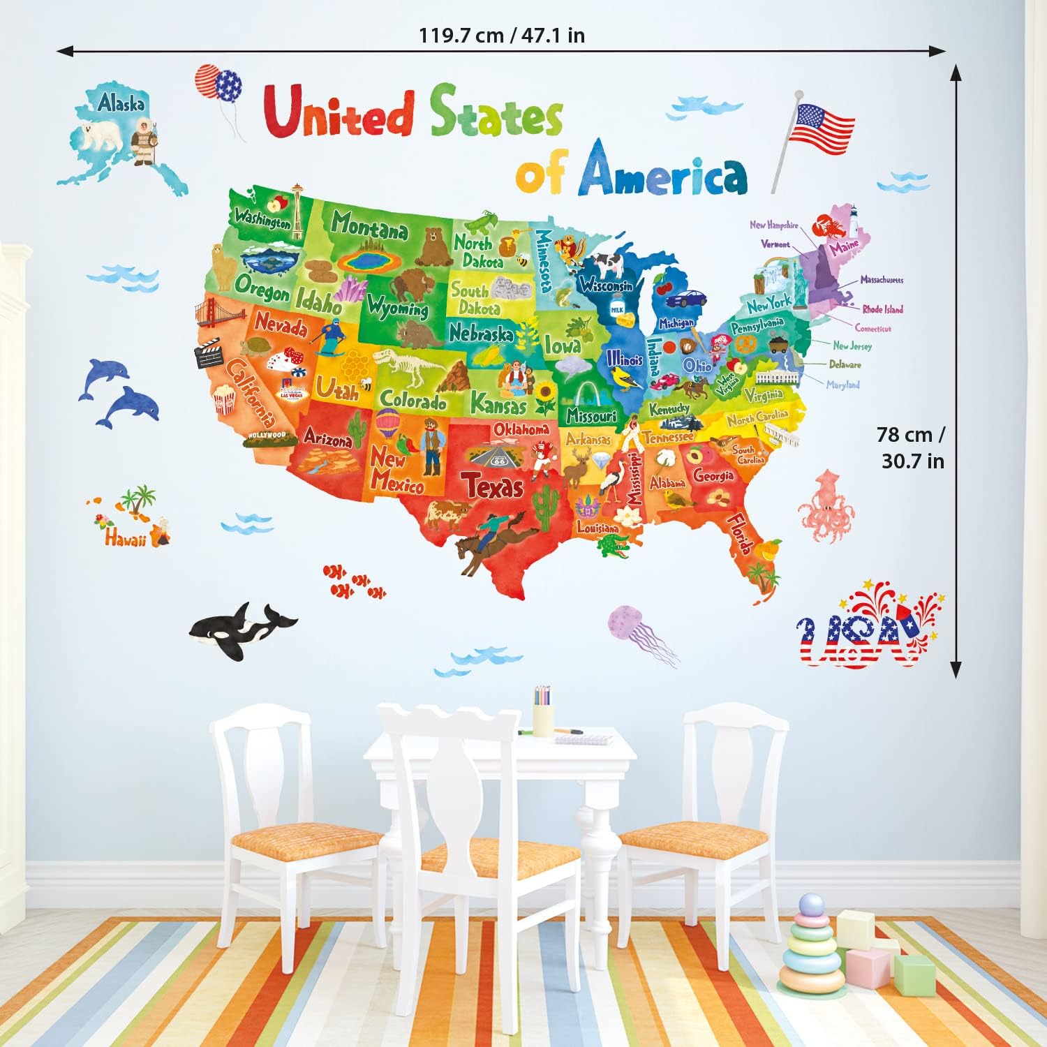 SG2-2307 Colourful USA Wall Stickers Decals Peel and Stick Removable for Kids Nursery Bedroom Living