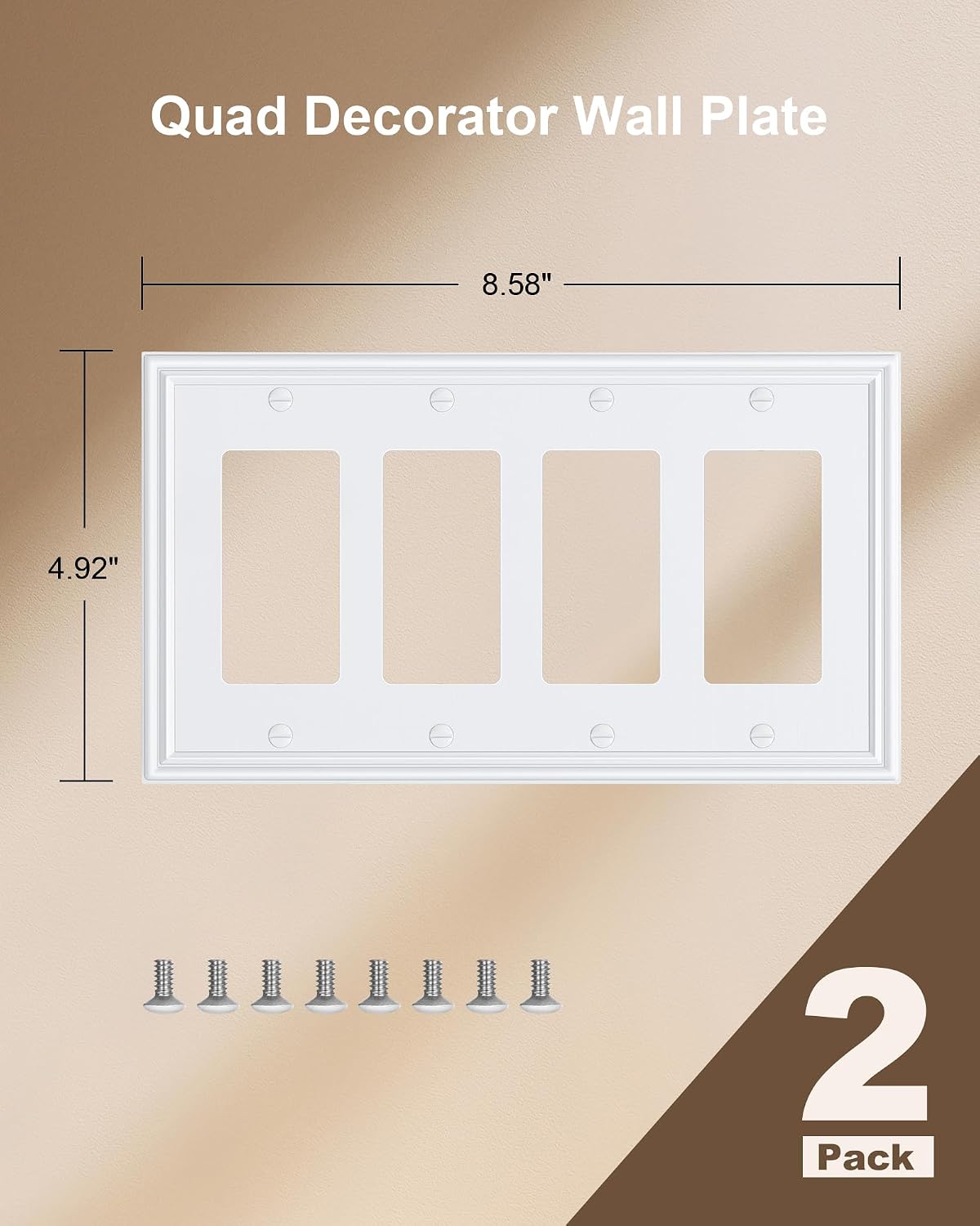 2-Pack Zinc Alloy Quad Decorator Outlet Cover Plate, Solid Wall Plates | Decorative Switch Plates and Outlet Covers, 4