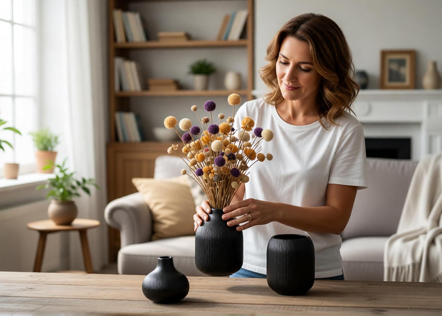 Black Ceramic Vase Set 3 Modern Style Decor Farmhouse Home Living Room Dining Table Room / 15 Black