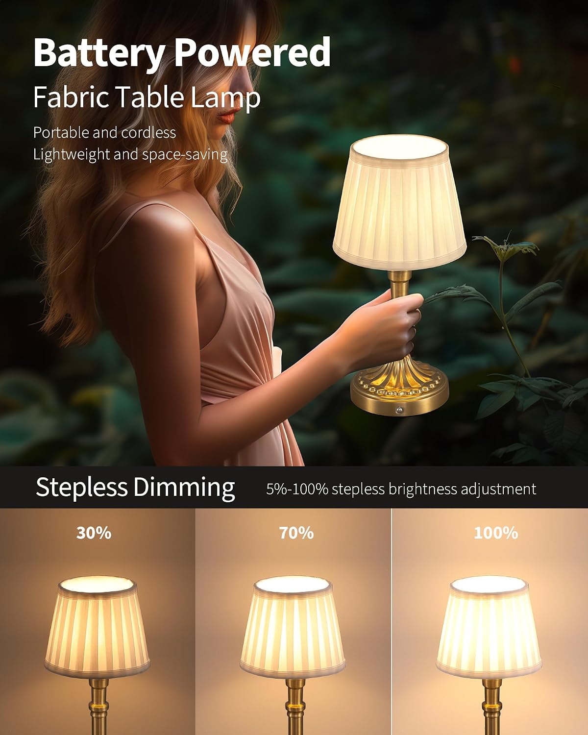 KDG Gold Cordless Portables Table Lamp, Beige Fabric Shade Small Desk Lamp | 4000mAh Battery Powered, LED Lighting