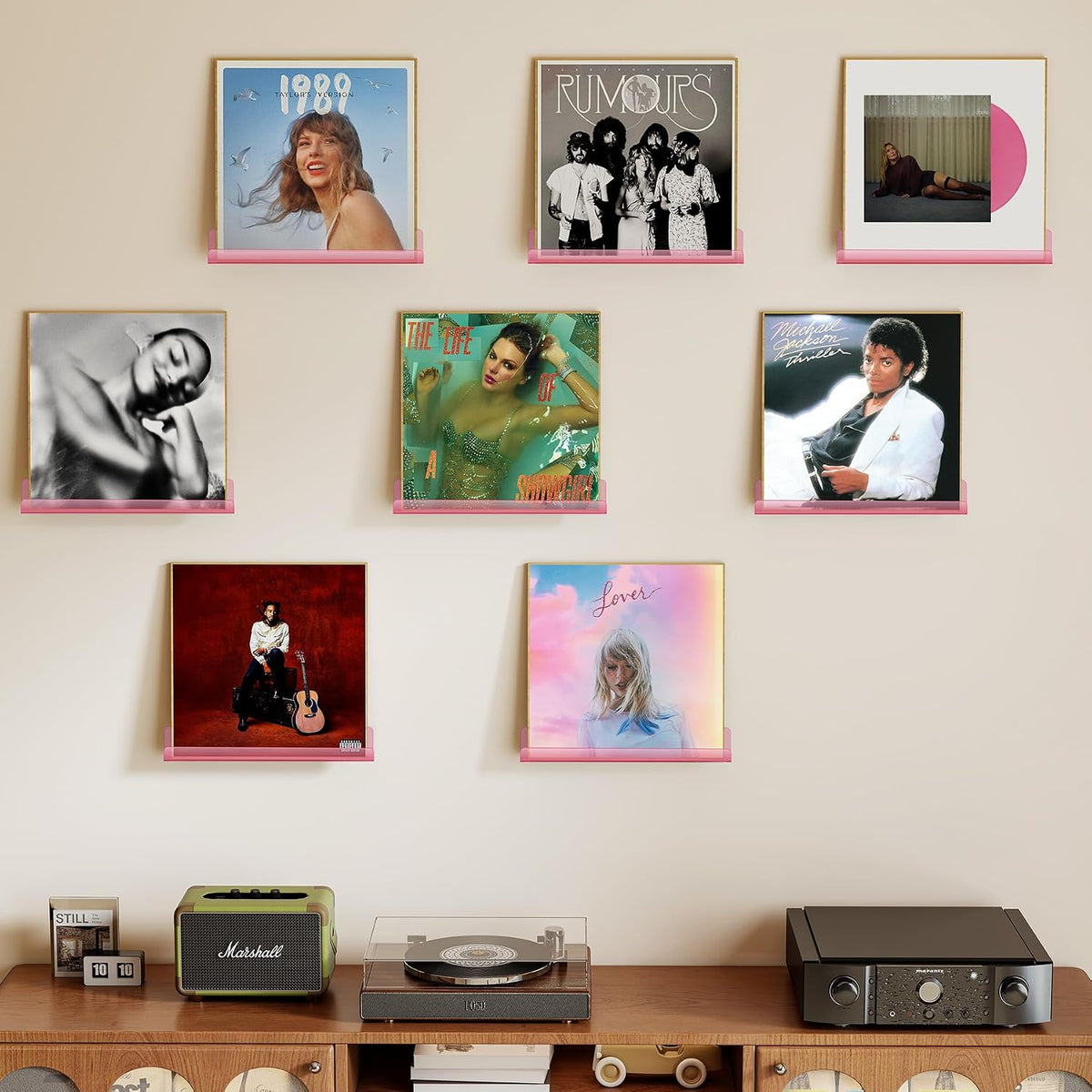 Vinyl Record Wall Mount Shelves, 12 inch Vinyl Holder, 8 Pack, Pink | Acrylic Floating Shelves for Album Record Storage