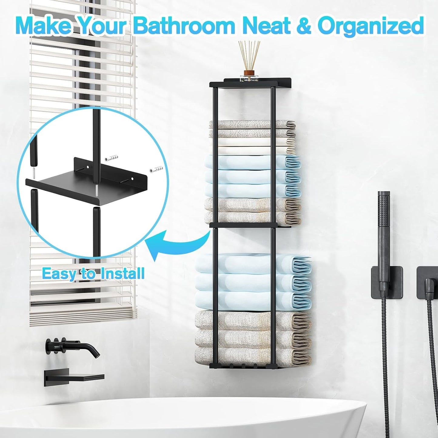Liuoud Towel Rack for Bathroom, Wall Mounted Vertical Rolled Towel Storage Organizer Holder with Shelf, Holds Up 6