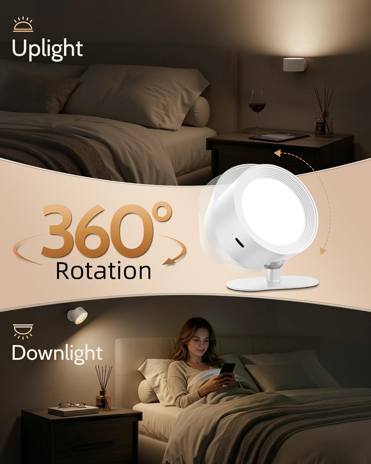 LED Wall Mounted Lights, Rechargeable Wall Sconces, 3 Color Temps, Remote & Touch, 360° Rotating and Dimmable for