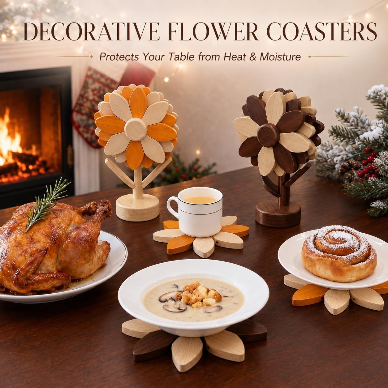 5-Piece Wooden Flower Trivets for Hot Pots and Pans / Walnut & Beech Wood