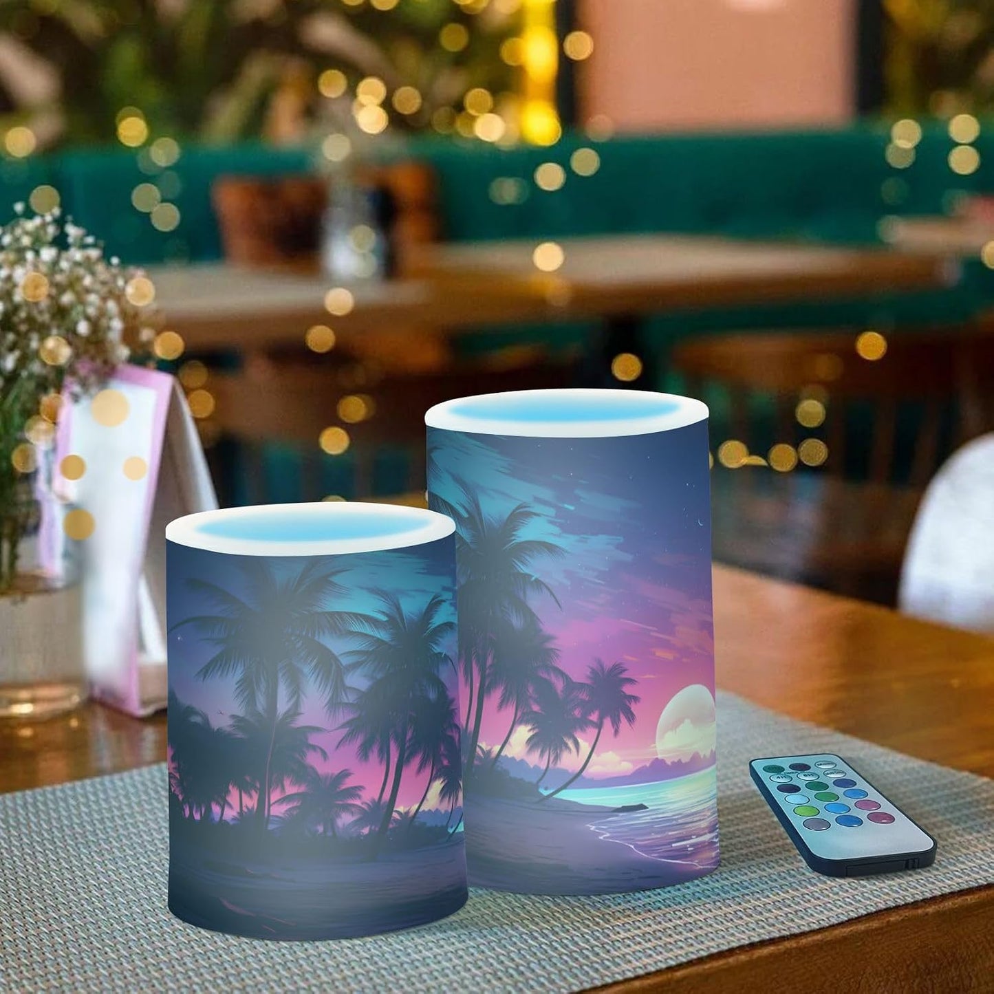 Flickering Flameless Candles, Palm Tree Beach Tropical LED Candles with Remote Timer, Set of 2 Battery Operated Candle