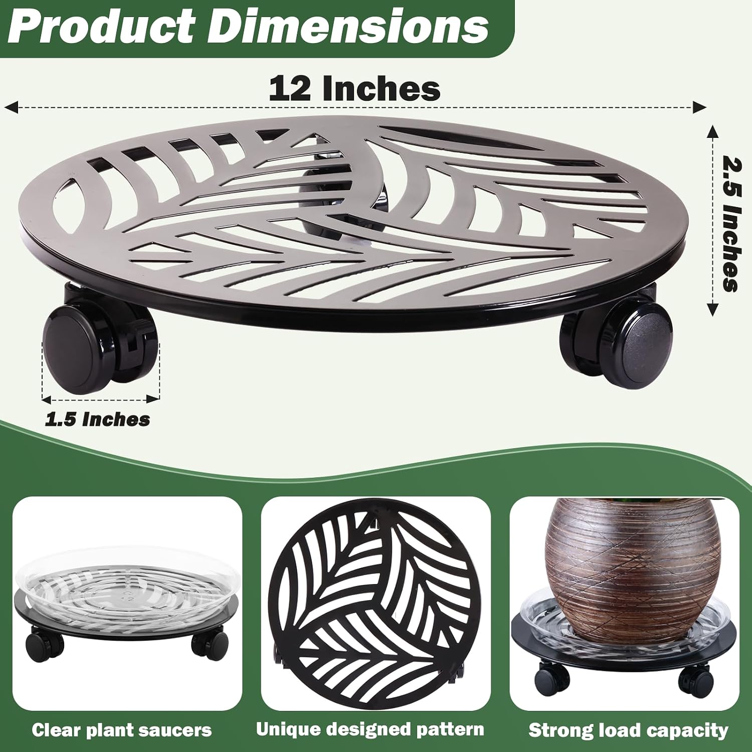 4 Packs Large Metal Plant Caddy with 3 PU Wheels 12" Heavy-Duty Wrought Iron Rolling Plant Stands Indoor Outdoor