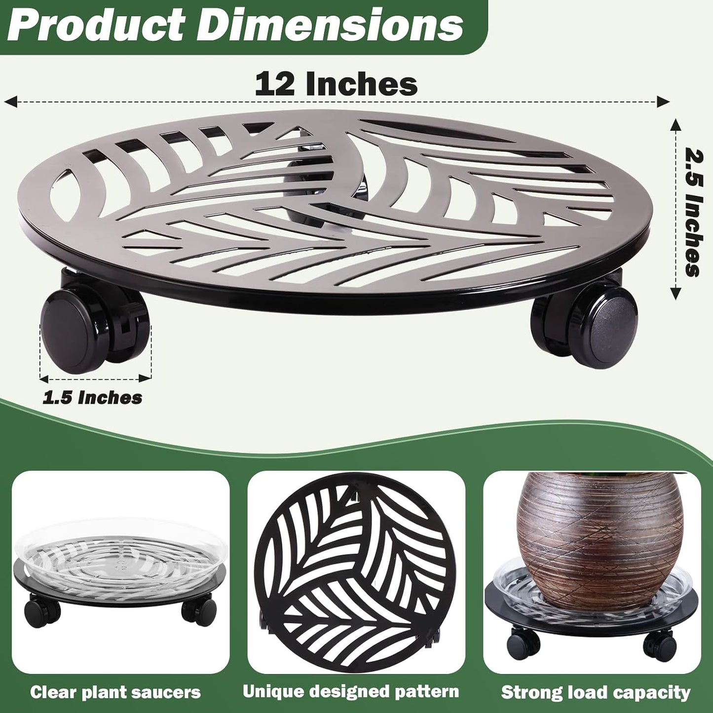 5 Packs Large Metal Plant Caddy with PU Wheels 12" Heavy-Duty Wrought Iron Rolling Plant Stands Indoor Outdoor Wheeled