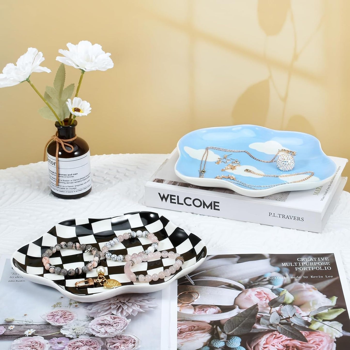Ceramic Jewelry Dish Trinket Tray Organizer / Black and White Checkerboard