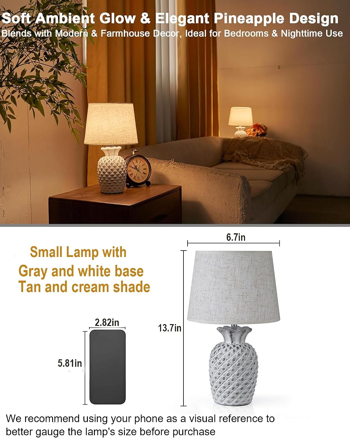UMEXUS 13" Small Rechargeable Cordless Table Lamp, Pineapple Ceramic Base | Battery Powered, Remote Control Timer