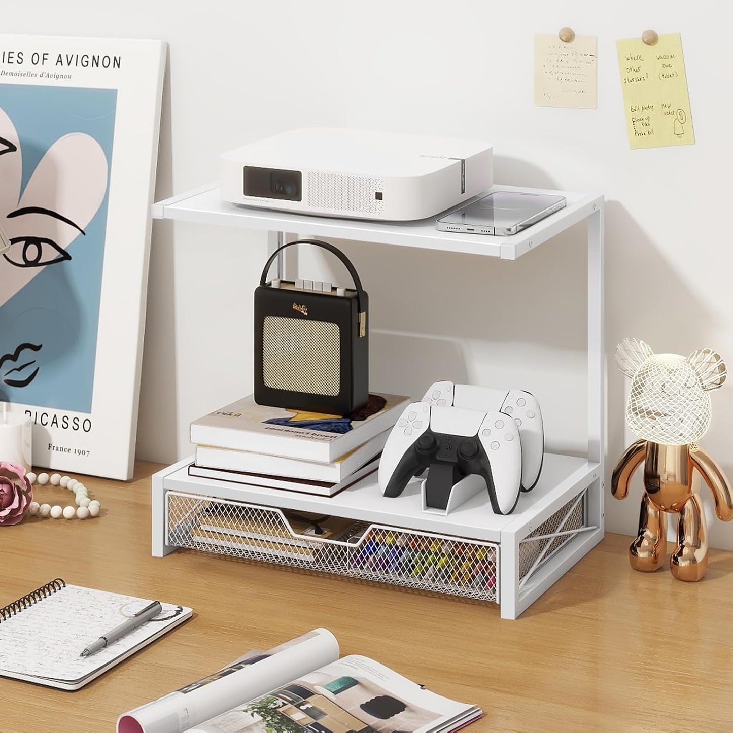 ELITEROO Printer Stand for Desk with Storage Drawer, 2 Tier Desk Shelf | Wood Desktop Organizer for Home Office, Fits