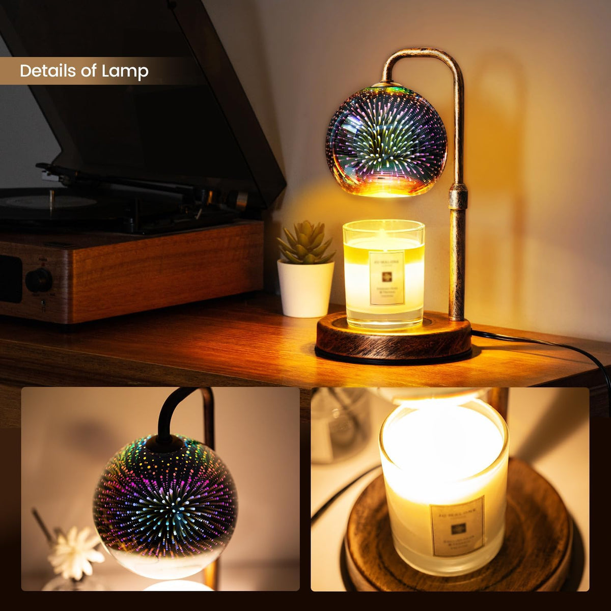 Glocusent Candle Warmer Lamp with Timer, Dimmable, Adjustable Retro 2 Bulbs | 3D Glass Globe with Firework Patterns