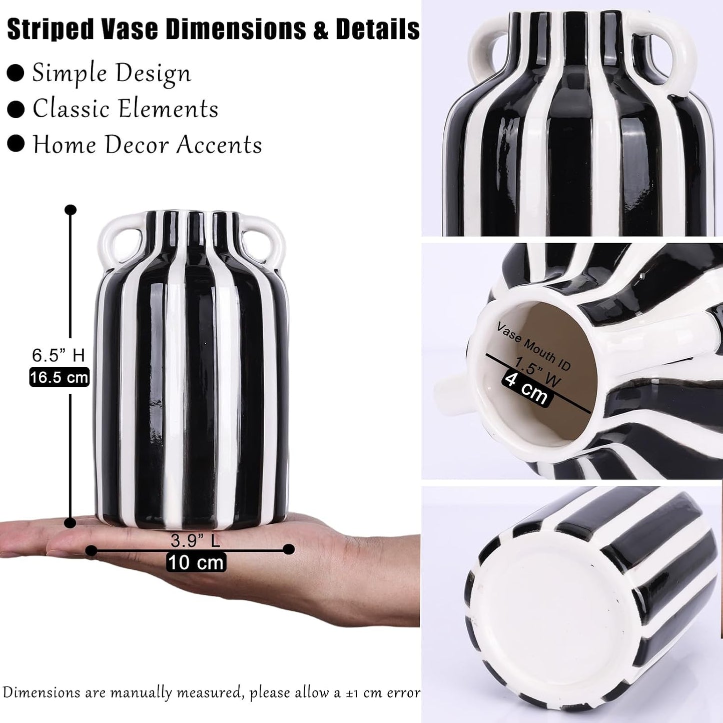 Ceramic Striped Checkered Vase / Black White