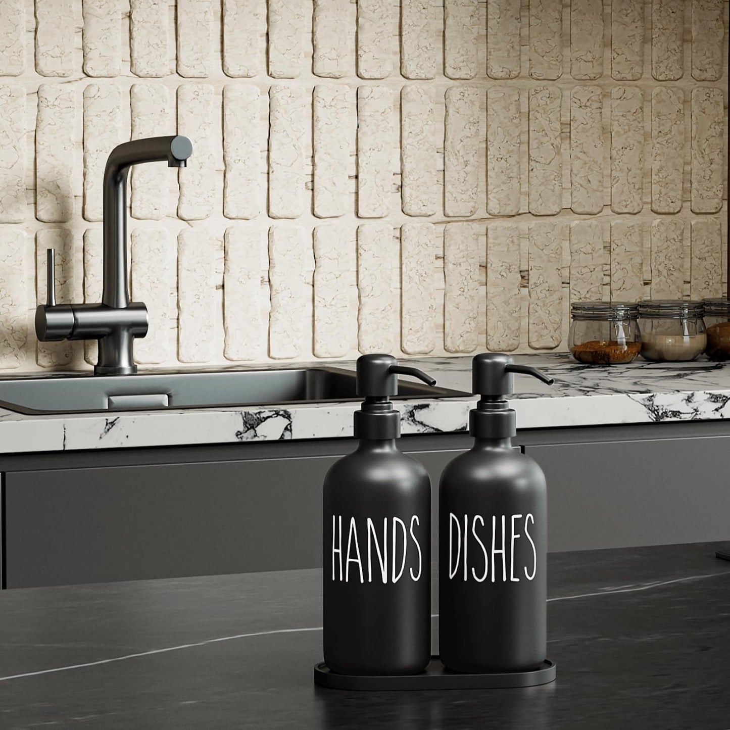 MOMEEMO Black Soap Dispenser Set | Contains Dish and Hand Soap Dispenser, Suitable for Kitchen Decor and Accessories