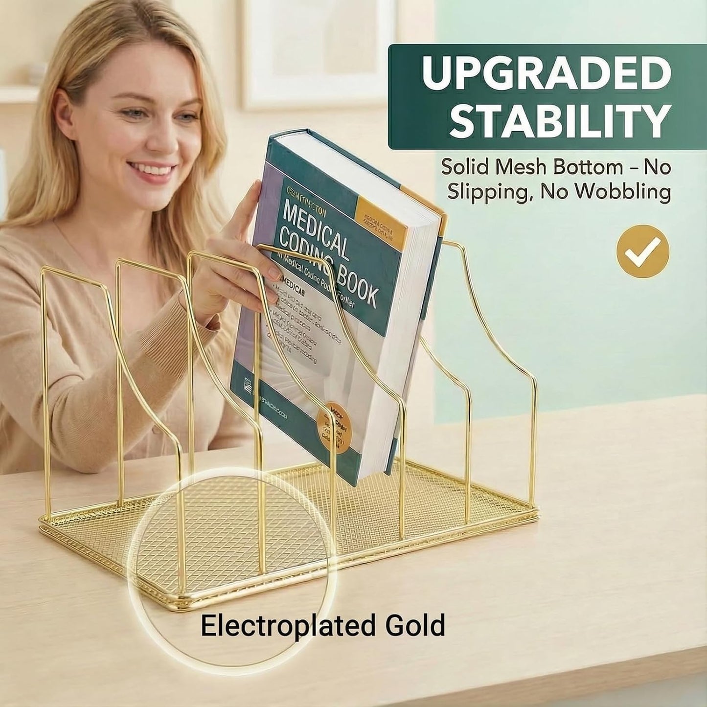 Gold Binder Organizer for Desk, 5 Slot Metal Wire Vertical File Sorter with Mesh Bottom, Large Desktop Magazine Holder