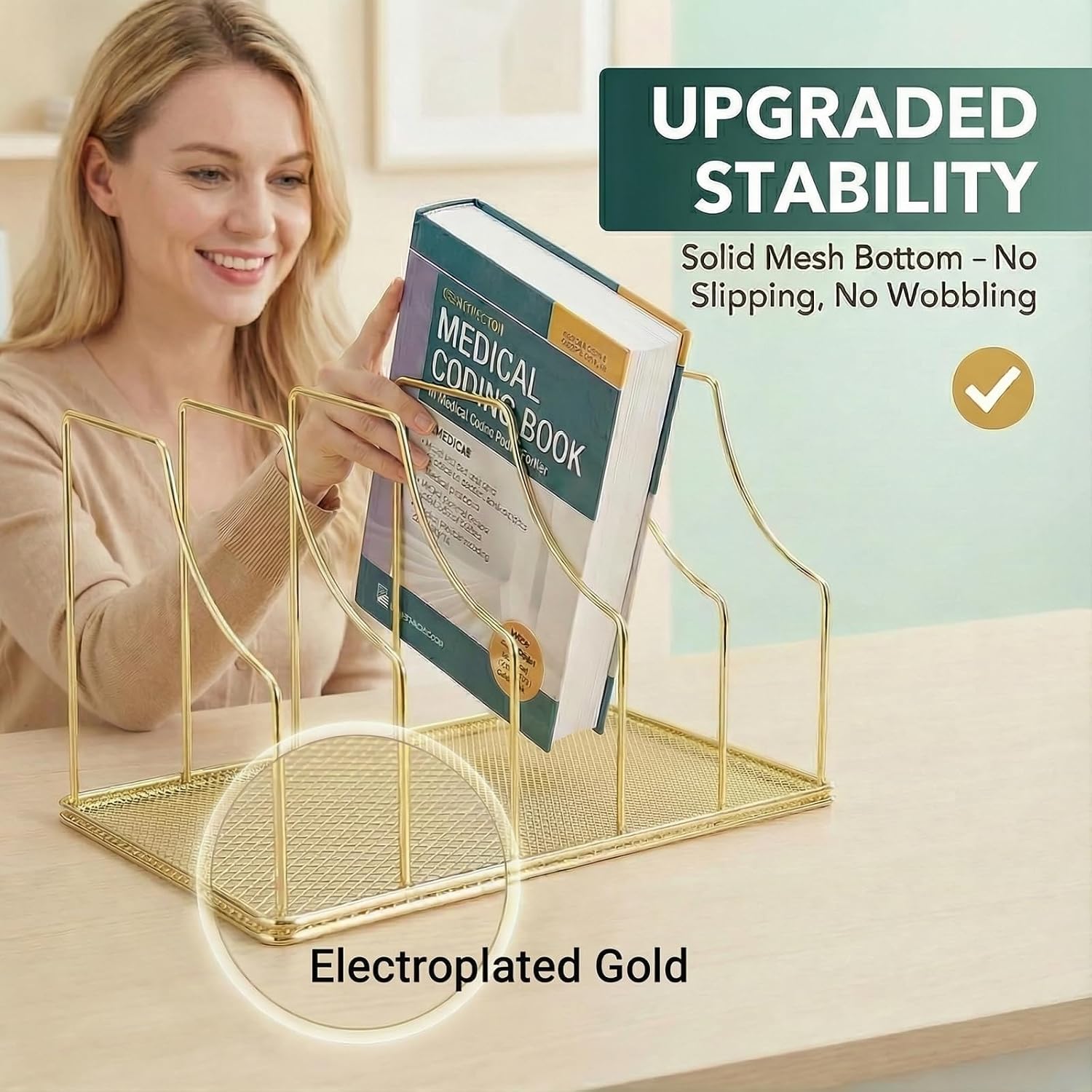Gold Binder Organizer for Desk, 5 Slot Metal Wire Vertical File Sorter with Mesh Bottom, Large Desktop Magazine Holder