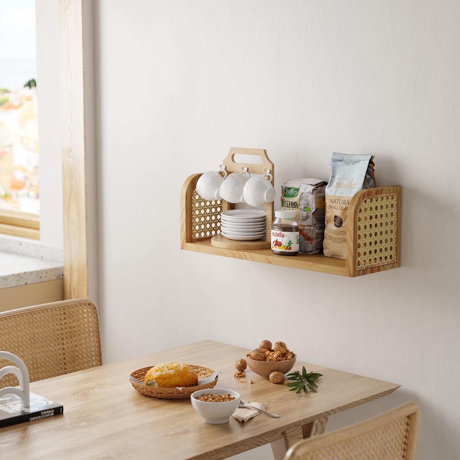 Hanging Book Shelves / Natural Rattan Wall Shelf / 5.5"D x 17.1"W x 5.9"H
