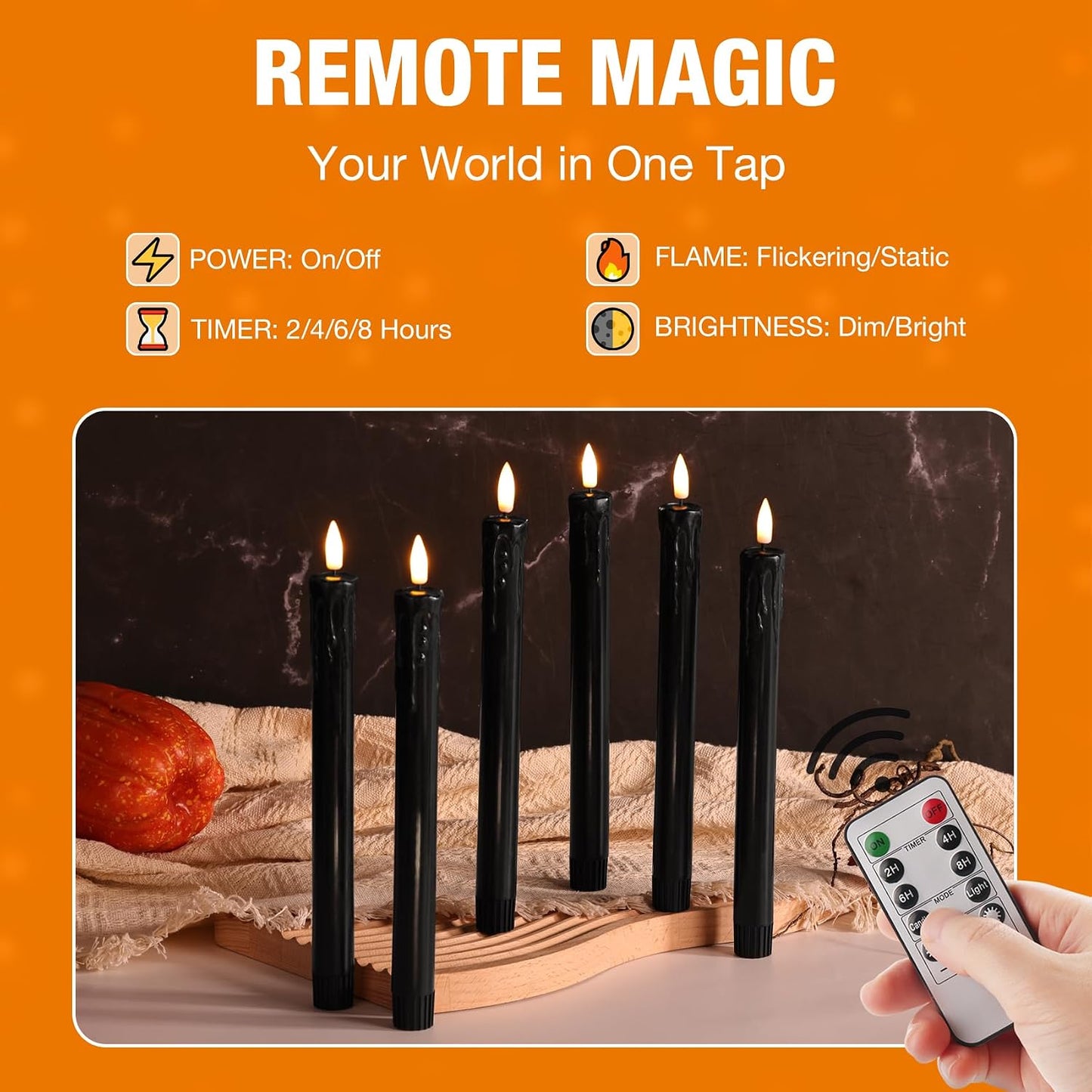 Black Dripping Wax Halloween Flameless Taper Candles with Remote Set of 6 | Flickering LED Candlesticks, 2 AAA Battery