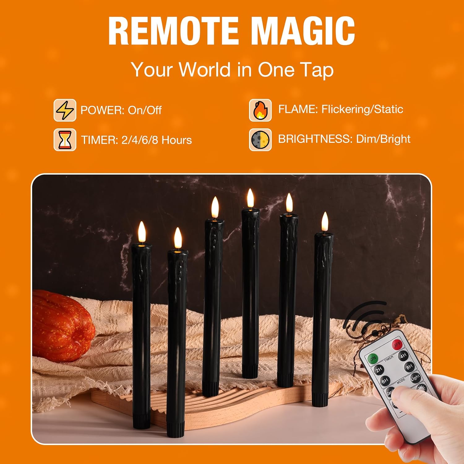 Black Dripping Wax Halloween Flameless Taper Candles with Remote Set of 6 | Flickering LED Candlesticks, 2 AAA Battery