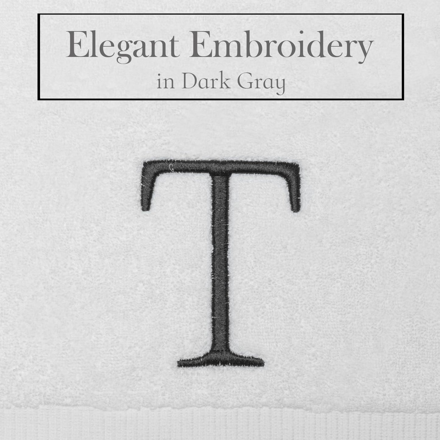White with Dark Gray Monogrammed Hand Towels for Bathroom Set of 2 Letter T | Luxury Hotel Quality Initial Towels For