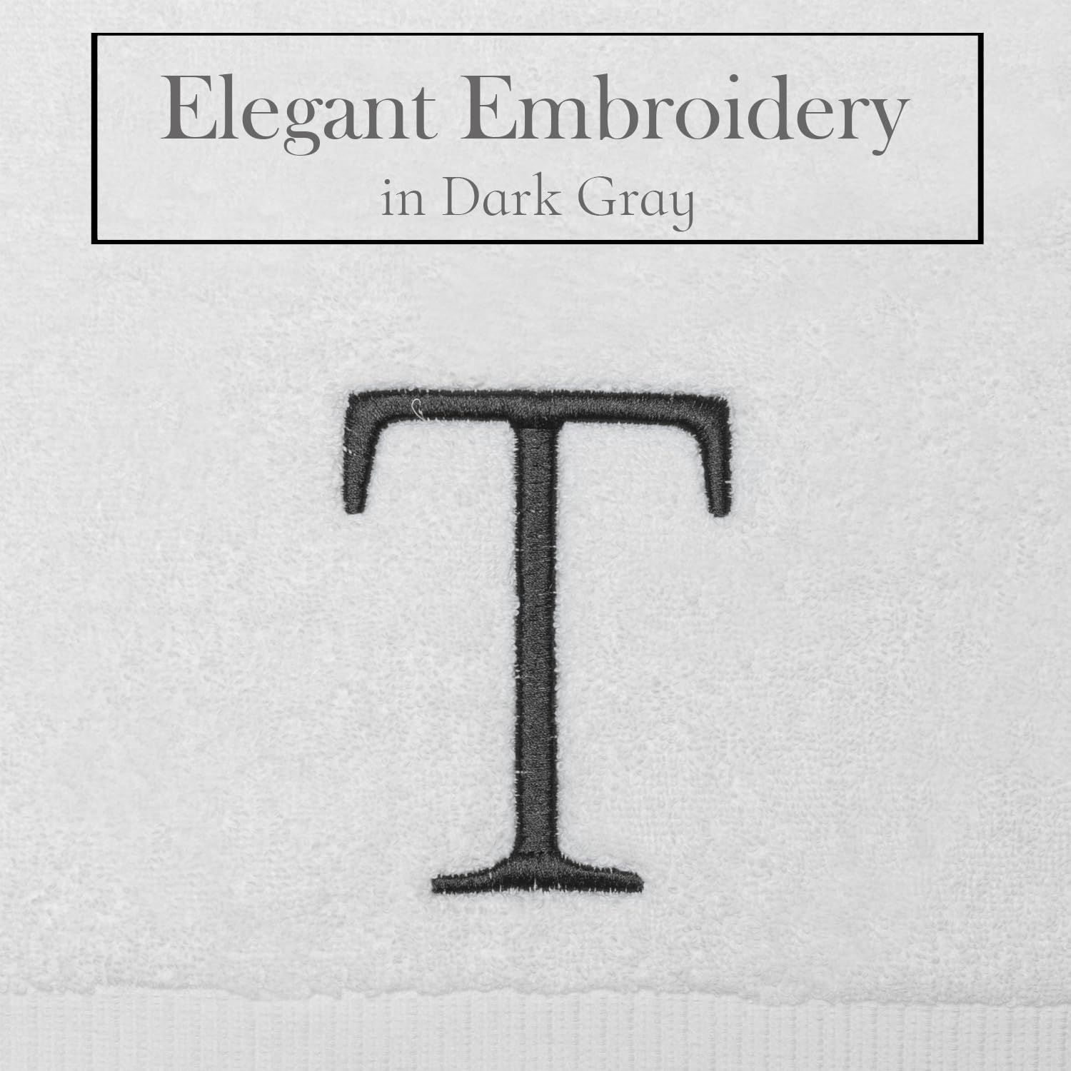 White with Dark Gray Monogrammed Hand Towels for Bathroom Set of 2 Letter T | Luxury Hotel Quality Initial Towels For