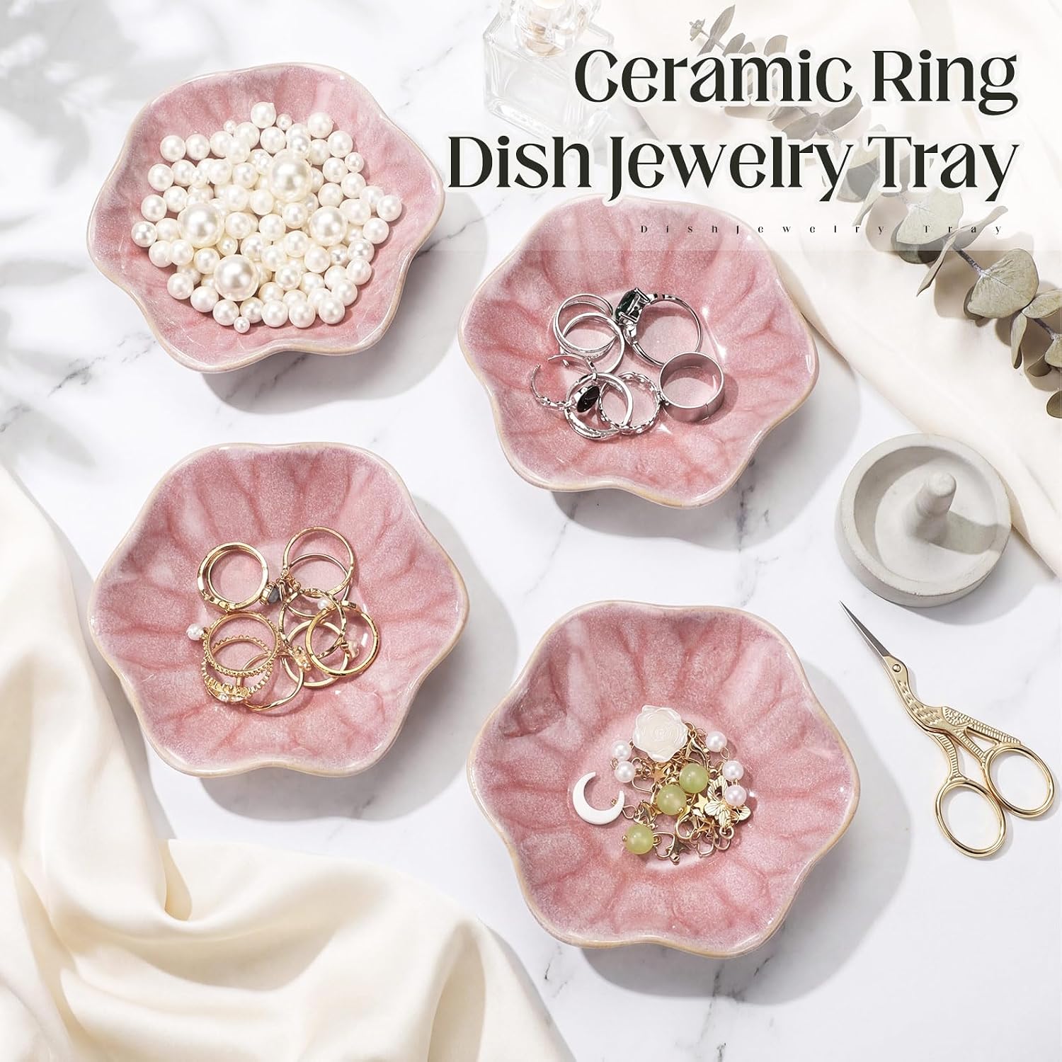 Small Jewelry Dish Trinket Holder Tray for Rings Earrings Key Bowl Women / Pink / Ceramic / Set of 4