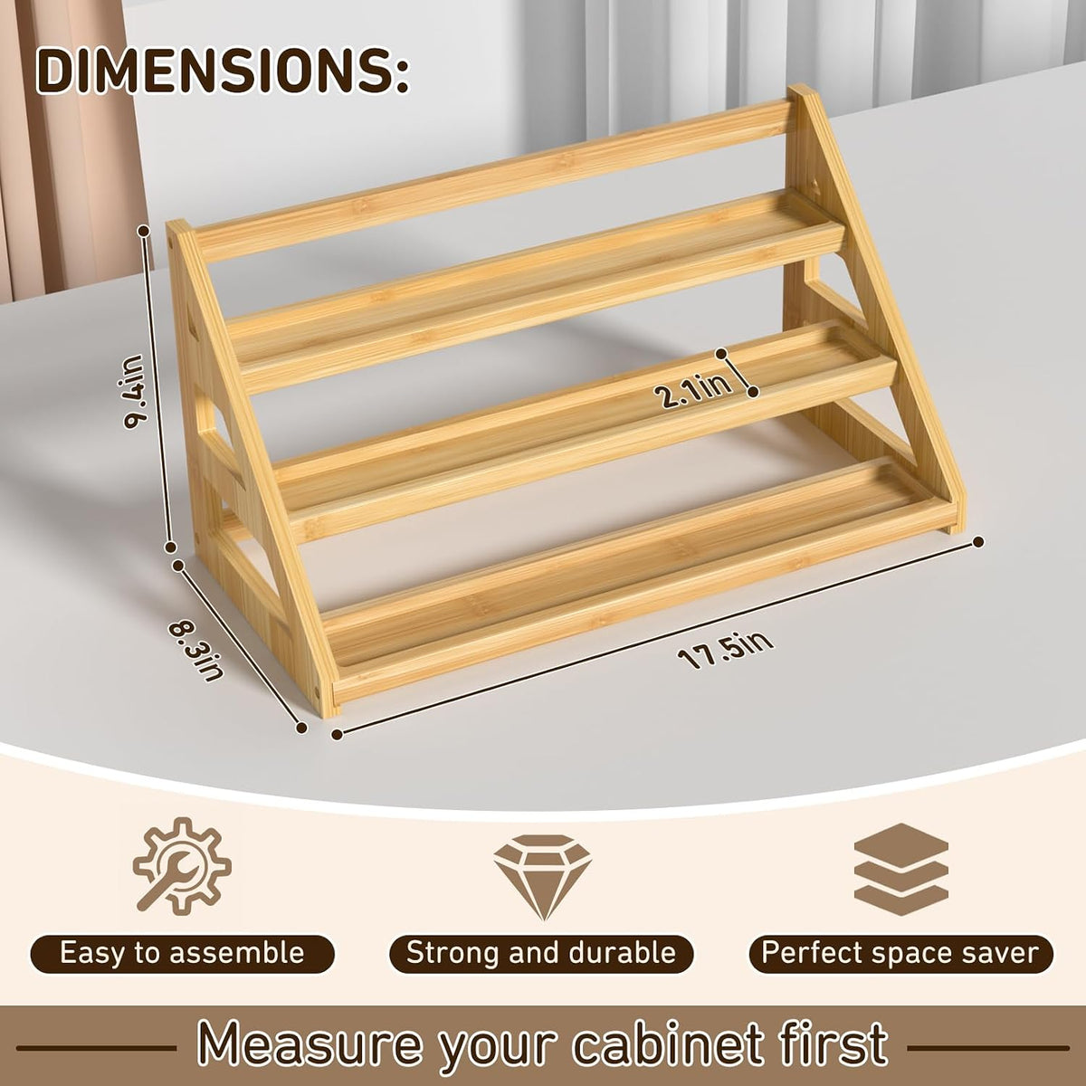 Bamboo Spice Rack - 3 Tier Spices Rack Kitchen Cabinet Organizer for Kitchen, Countertop Seasoning Storage Organizer