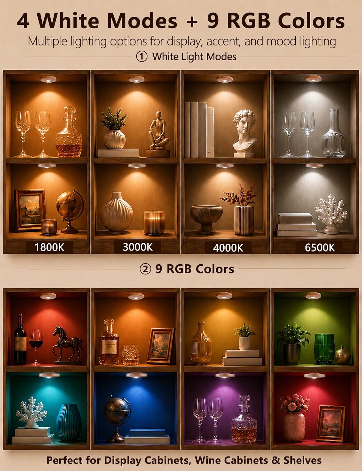 Puck lights with remote, 2000mAh rechargeable cabinet light, Under Cabinet Lighting Wireless, Display Cabinet, Dimmable