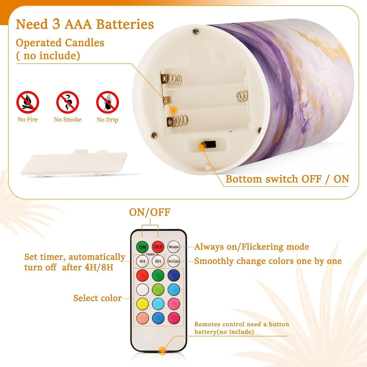 Flickering Flameless Candles, Purple Gold Marble LED Candles with Remote Timer, Set of 2 Battery Operated Candle for
