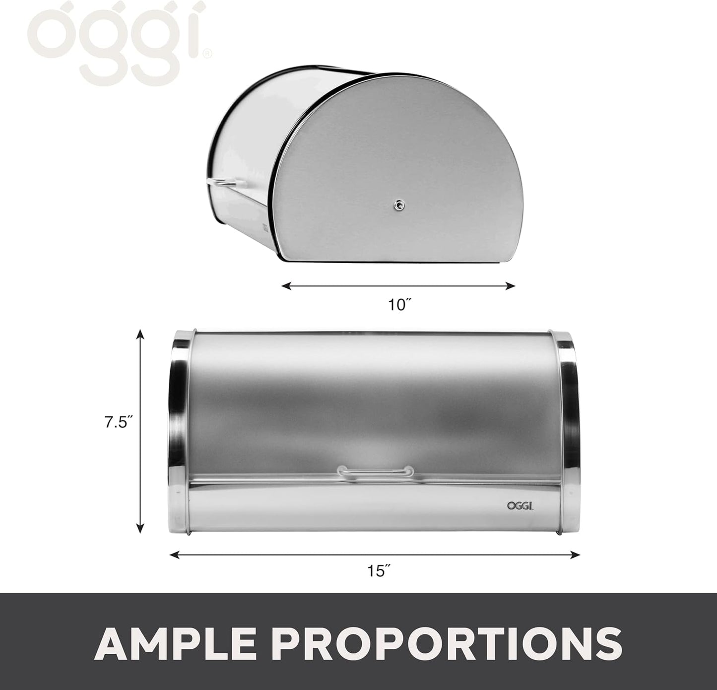 Oggi Stainless Steel Roll Top Bread Box for Kitchen Countertop with Frosted Plexilass Lid - Fits Multiple Loaves of