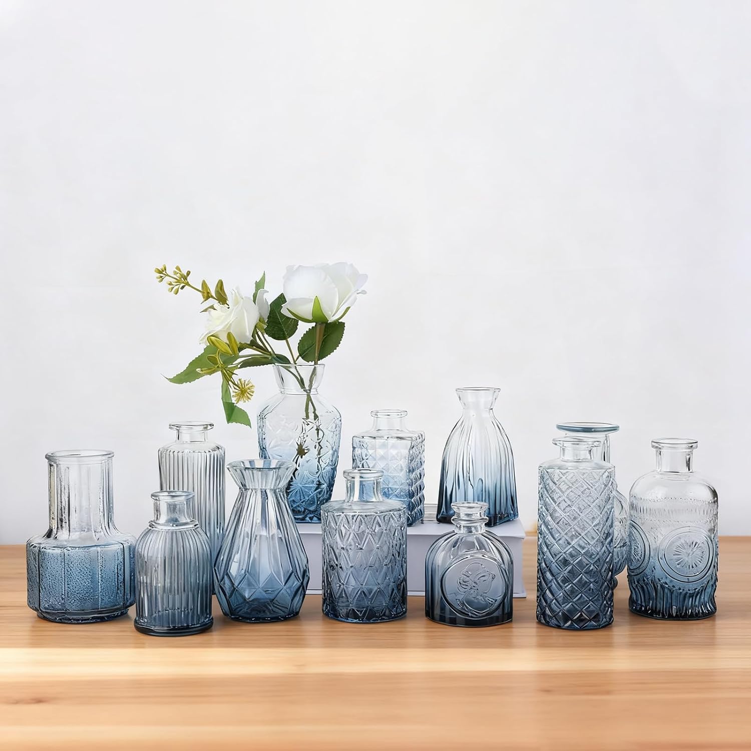 Small Mini Glass Vases for Centerpieces / Ombre Blue / Set of 12