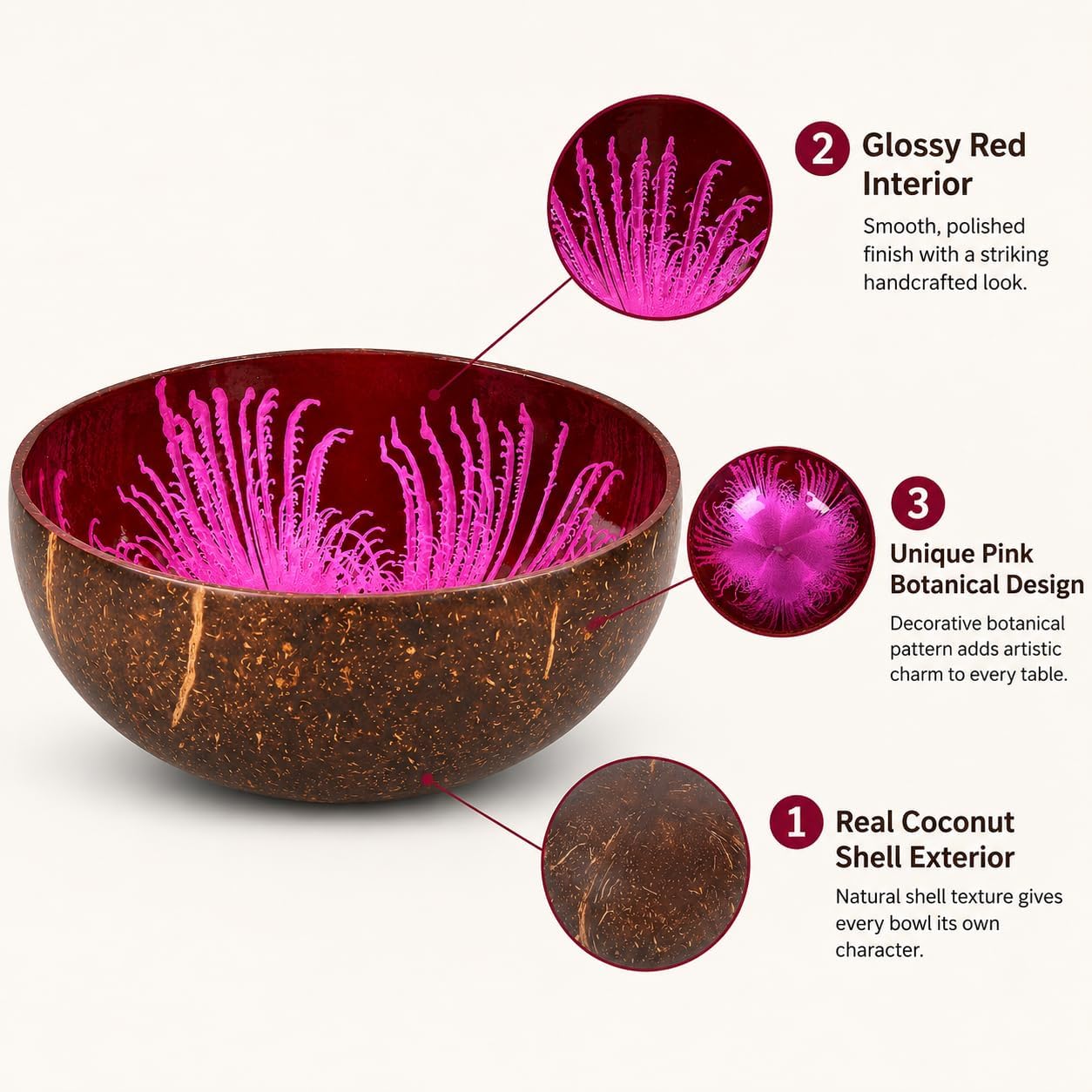Natural Coconut Bowl Mother of Pearl Inlaid Shell Bowls Key Bowl for Entryway Table / Feather Pink