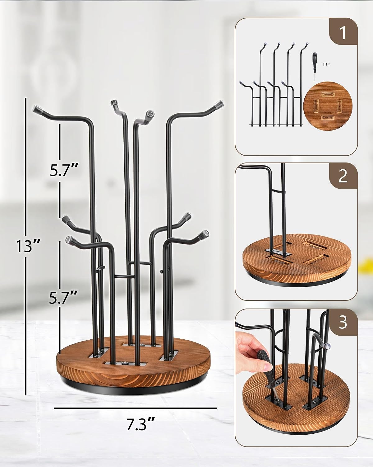 HULISEN 360° Rotating Mug Tree, Coffee Mug Holder for Large Cups, 8 Hooks | Cup Holder for Countertop, Stable Wooden