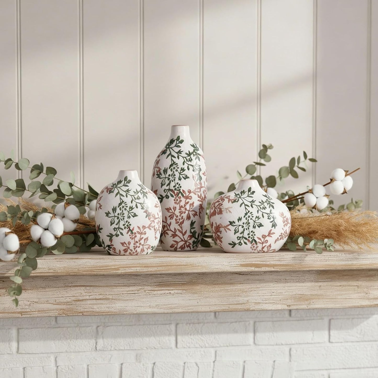 Small Ceramic Vase / Green Floral / Set of 3