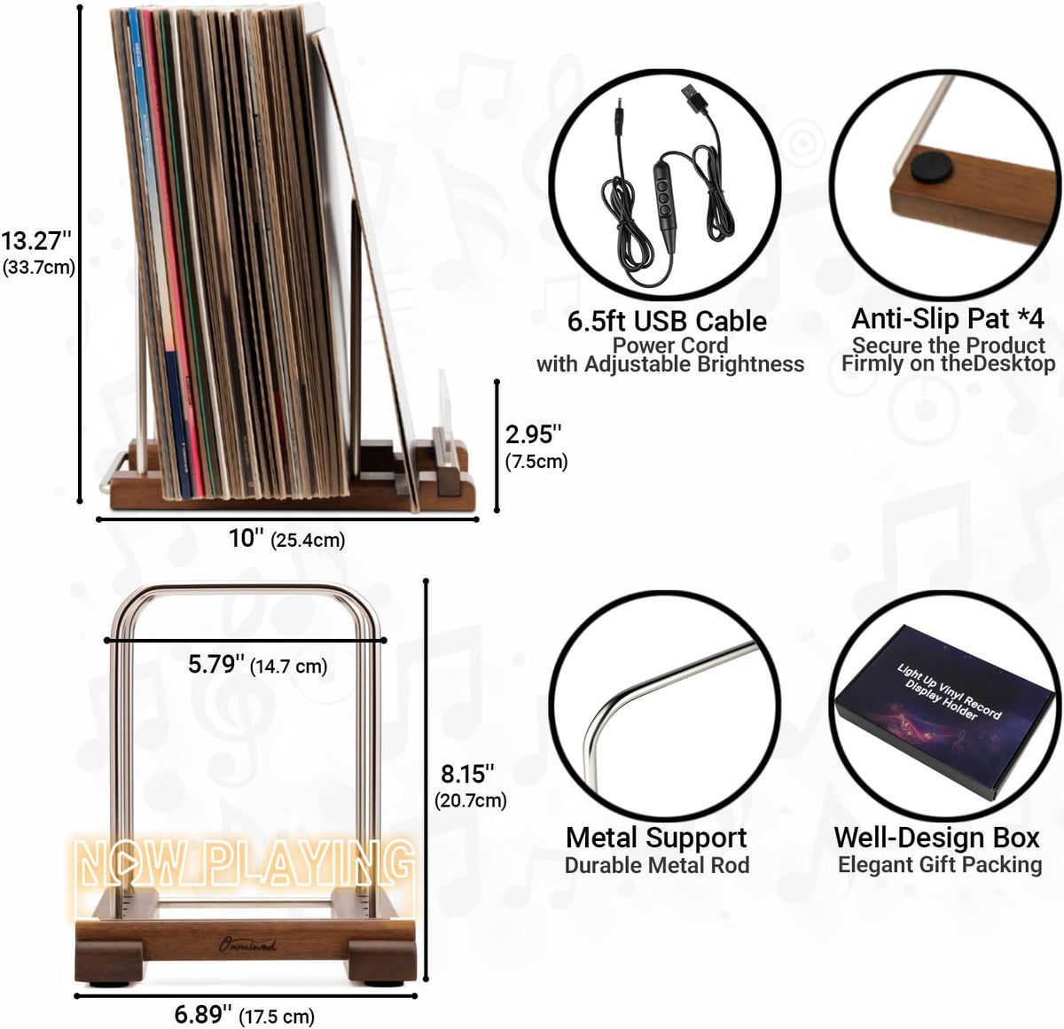 Onmiwod Vinyl Record Holder for 35 LPs, Light Up Now Playing Vinyl Record Stand, Wooden Album Storage Organizer, Album