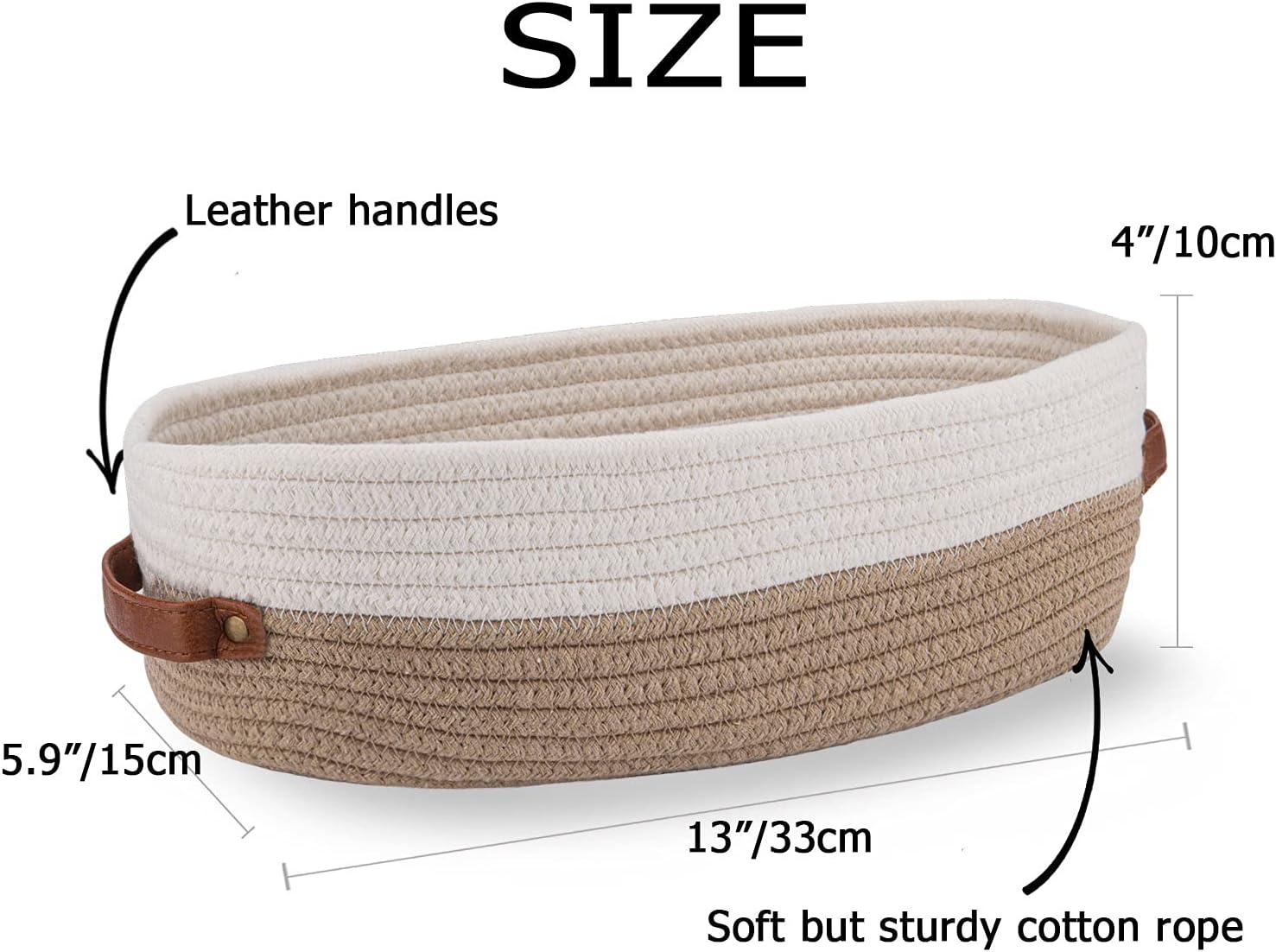 Farmhouse Home Decor Organizing Baskets " Brown / Brown Stitching White / 13 x 5.9 x 4