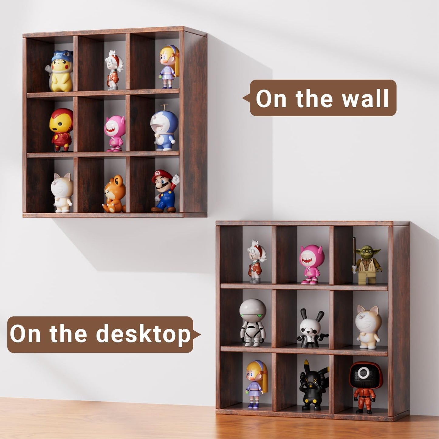 Helsin 9 Grid Vintage Coffee Mug Display Rack, 16inch Wall Mounted Wooden Curio Shadow Box Shelf, Cup Floating Shelves
