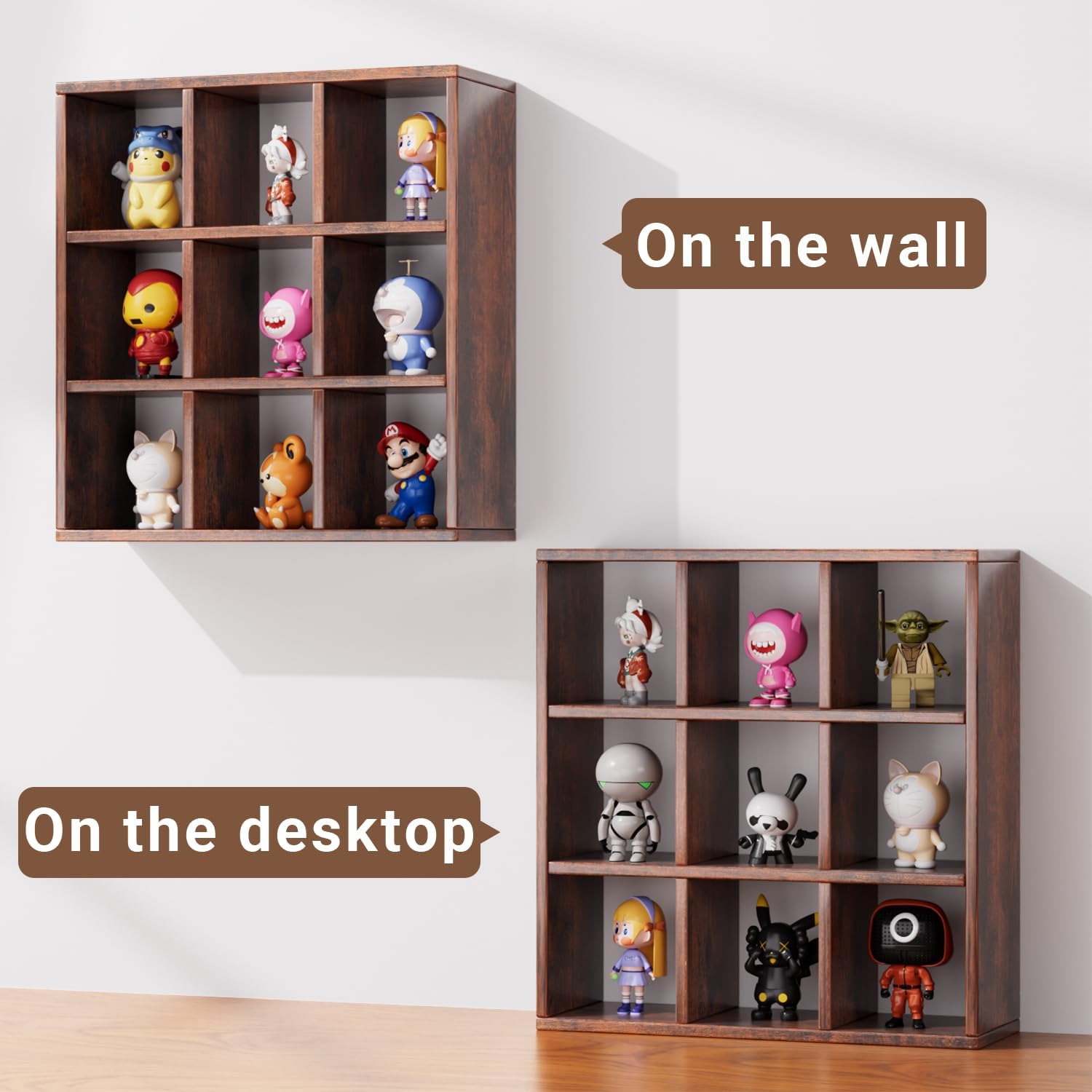 Helsin 9 Grid Vintage Coffee Mug Display Rack, 16inch Wall Mounted Wooden Curio Shadow Box Shelf, Cup Floating Shelves