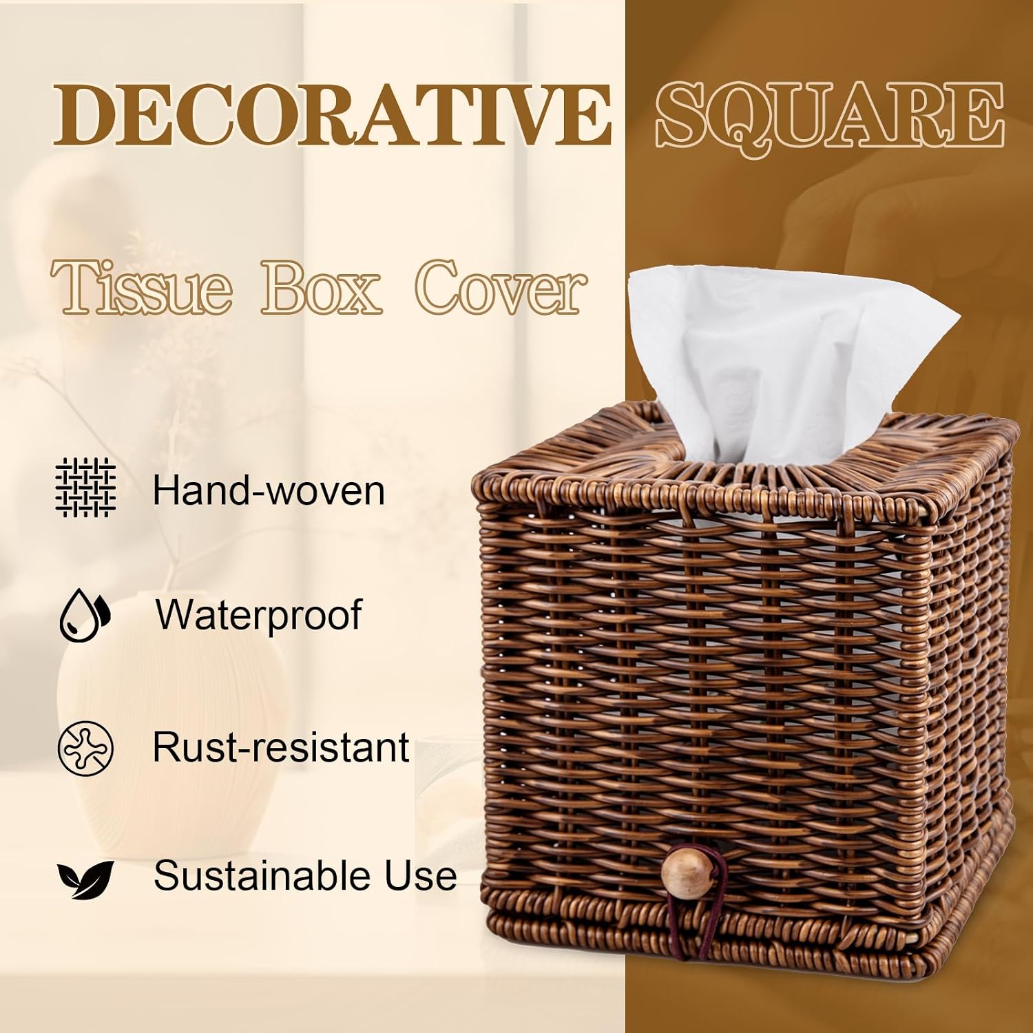 Rattan Tissue Box Cover Square Woven Decorative Rectangle Tissue Box Holder Bathroom / Natural