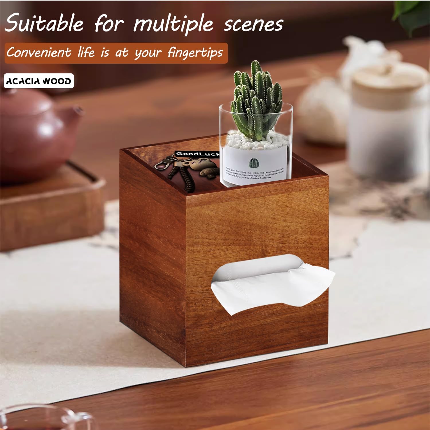 Acacia Wood Tissue Box Holder for Desktop Nightstand Bathroom / Brown