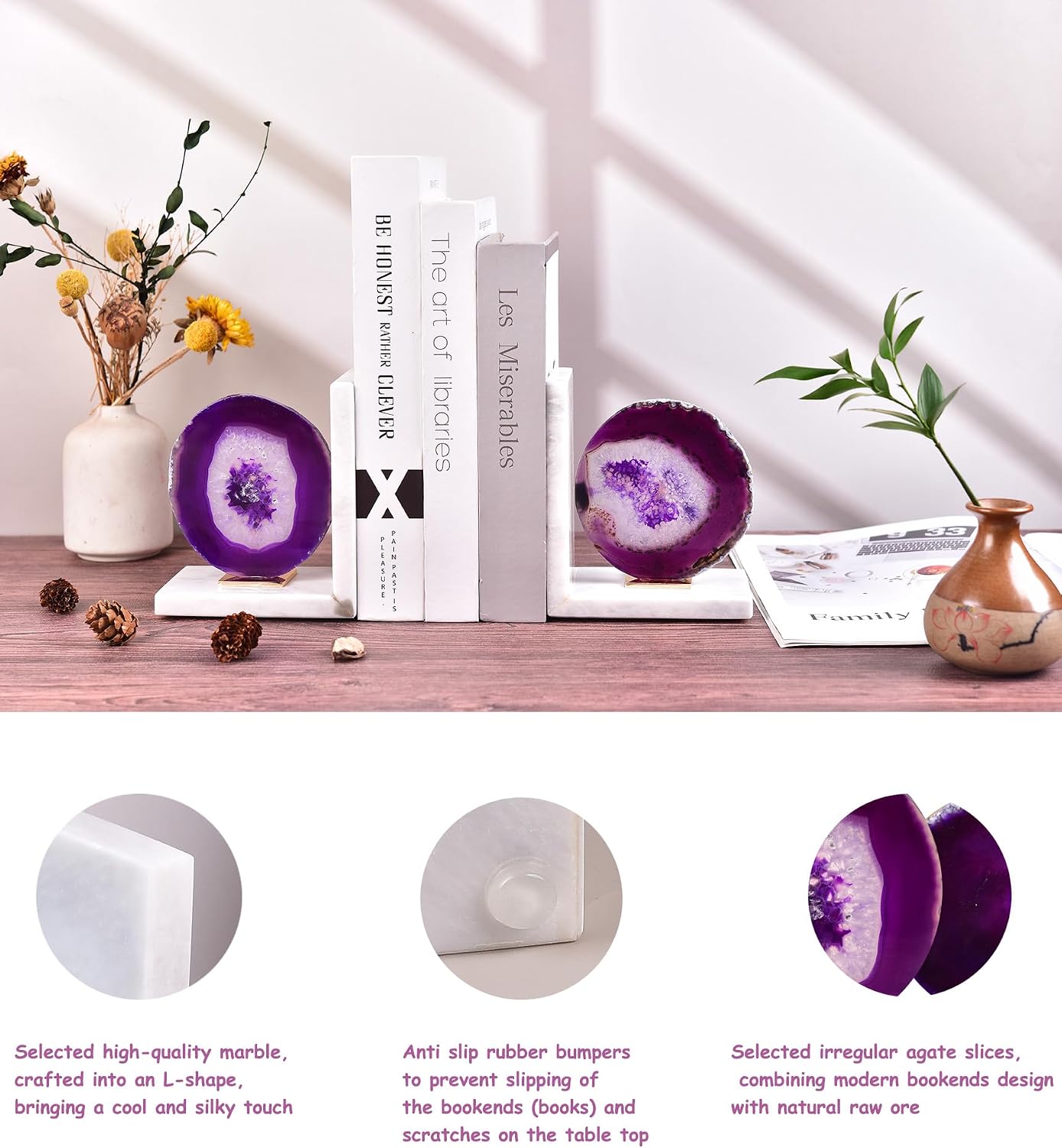 Purple Agate Bookends / 3-4 Lbs / White- Purple