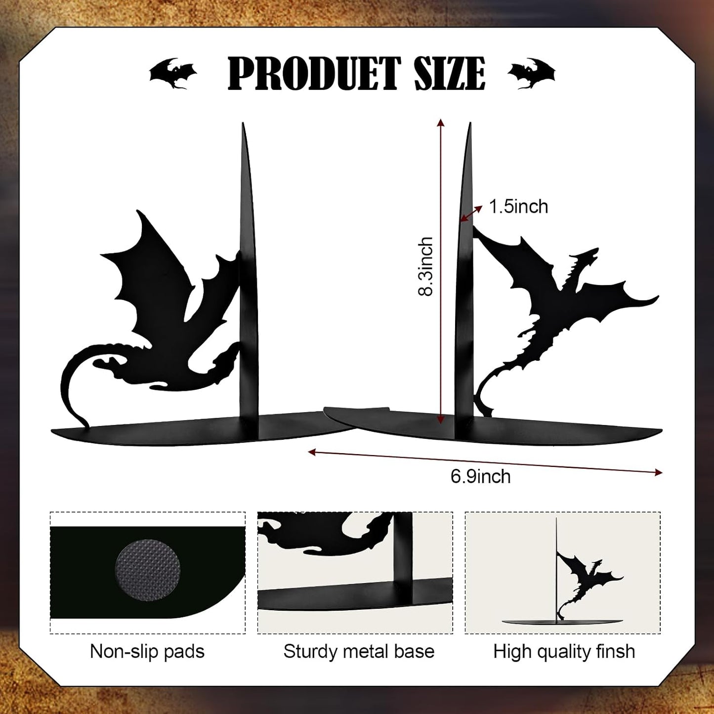 Metal Dragon Bookends Stoppers Holder Stand for Desk Shelf Cool Dragon Book Ends Decorative / Black