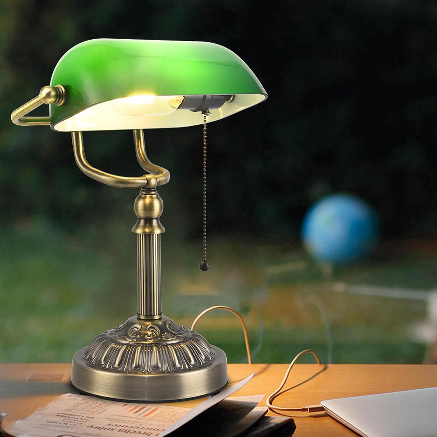 Bankers Desk Lamp with USB-A Charging Port, Vintage Desk Lamps with Pull Chain Green Glass, Antique Brass Banker's Lamp