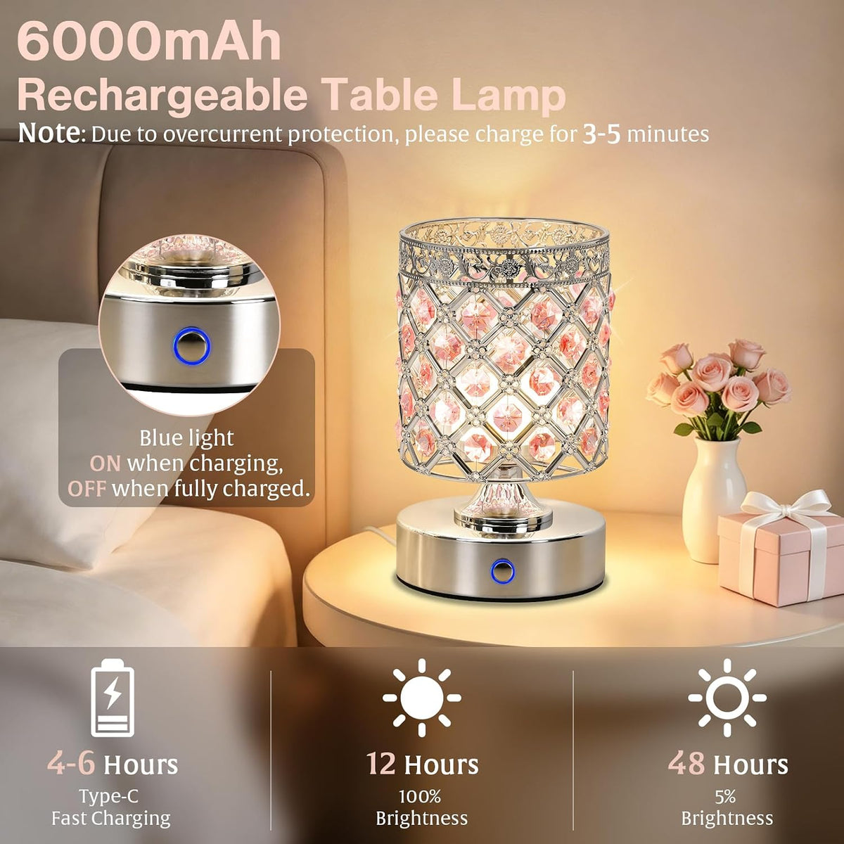 Pink Crystal Rechargeable Cordless Table Lamp, Touch Small Desk Lamp | 6000mAh Battery, 3 Color Temps, Stepless