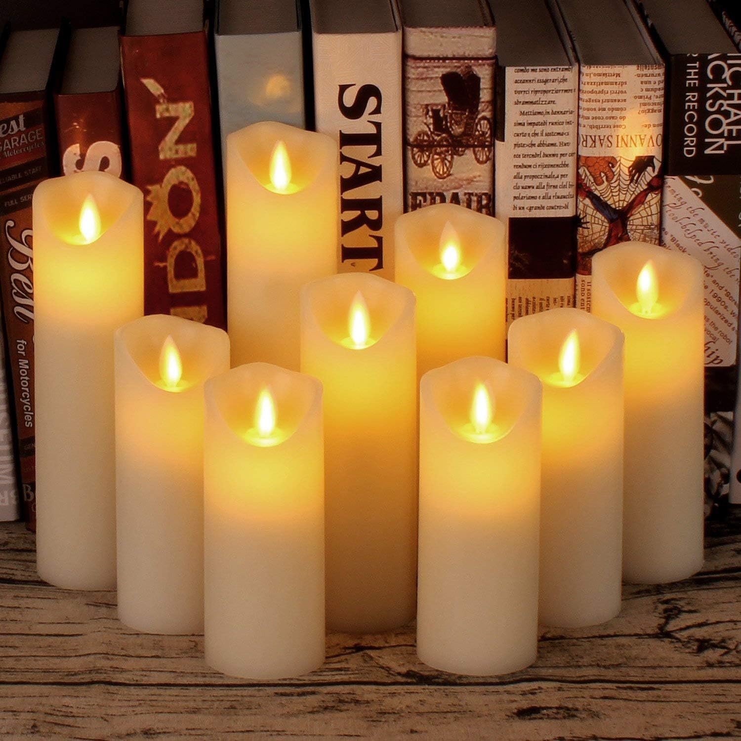 Flameless Candles Set of 9 Ivory Dripless Real Wax Pillars Include Realistic Dancing LED Flames and 10-Key Remote