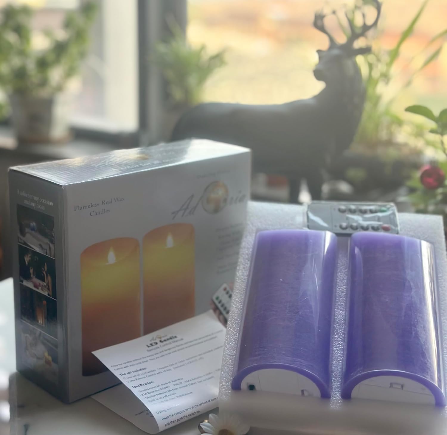Adoria Large Purple Flameless Candles Remote and Timer Set of 2- Real Wax Pillar Candles with 3D Realistic