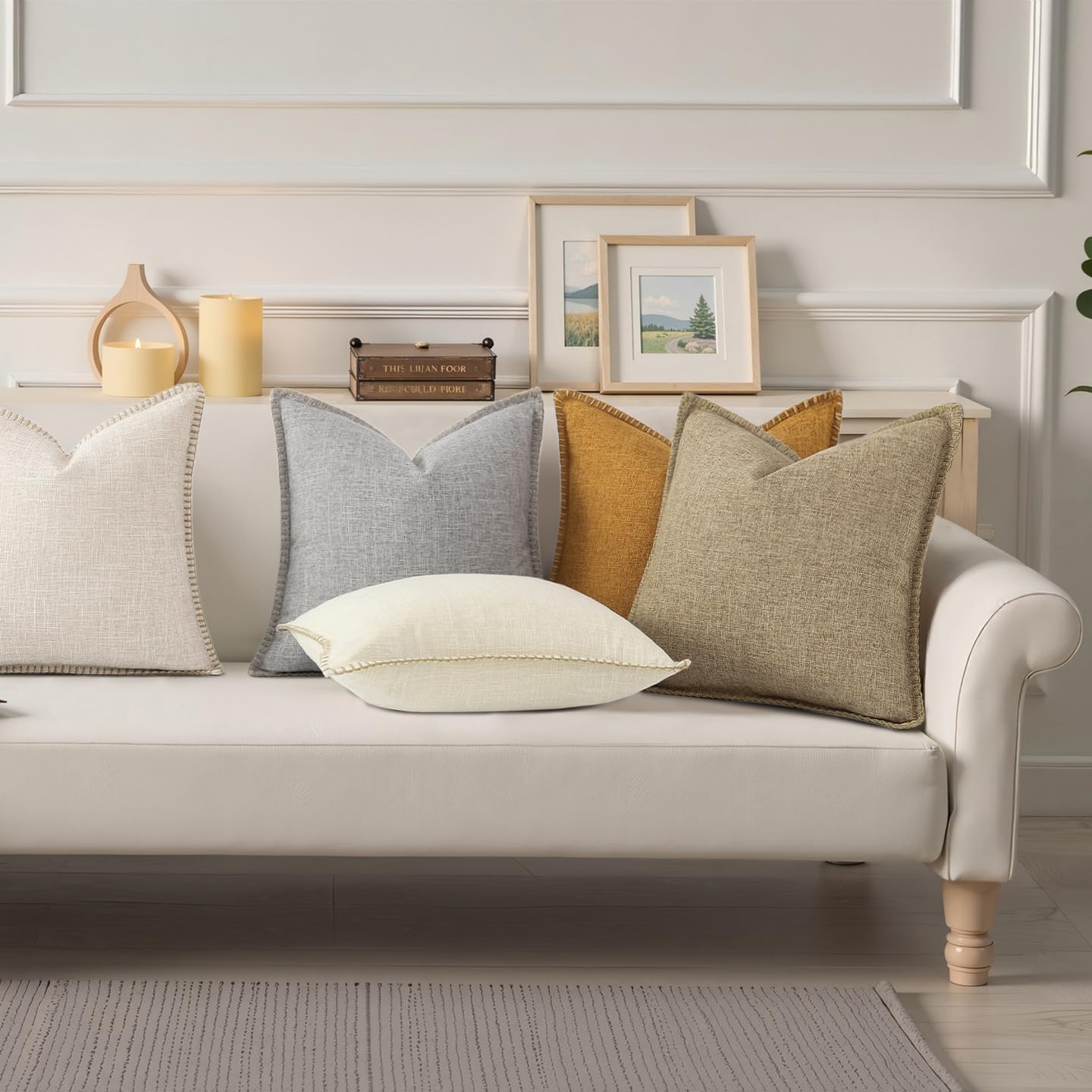 Fall Decorative Throw Pillow Covers Square Faux Linen Outdoor Neutral / Beige / 18 x 18 / Set of 2