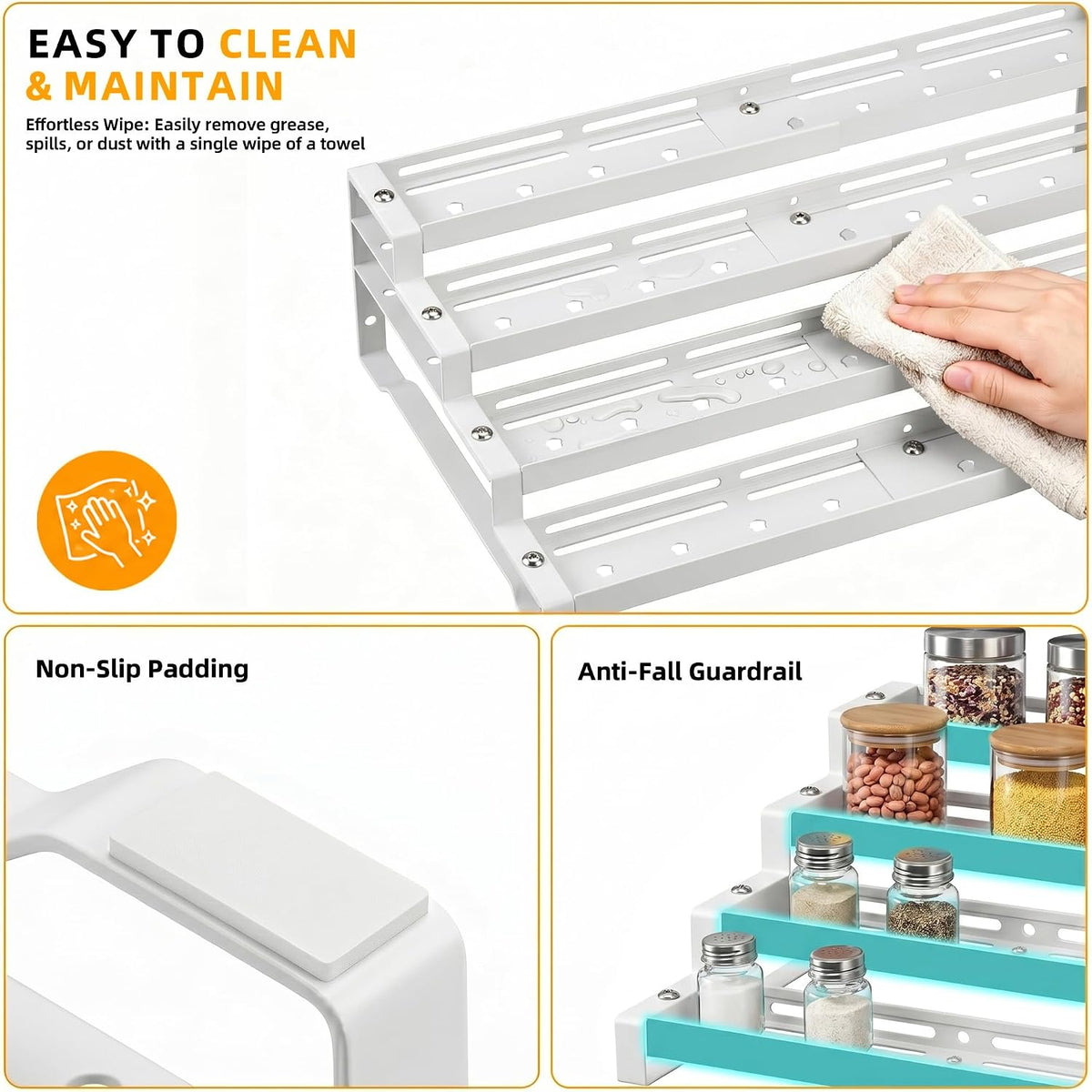 Spice Rack Organizer for Cabinet, 13-21.5" Expandable Spicy Shelf | 11.6" Depth 4-Tier White Metal Seasoning Organizer