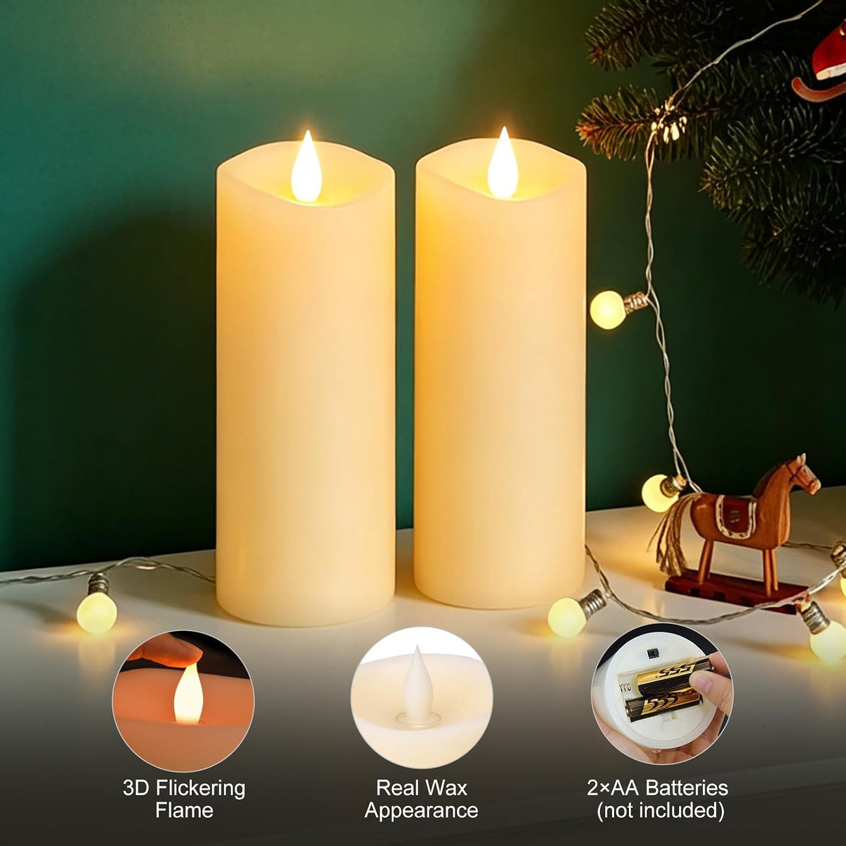 2PCS, 3 x 8 inches Flameless Candle with Remote Control, 3D Flickering Wick, Real Wax, Battery Candles,with
